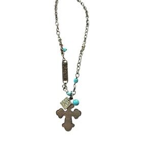 Blessed Cross Pendant‎ Necklace Silver Tone Turquoise Beads Religious Jewelry